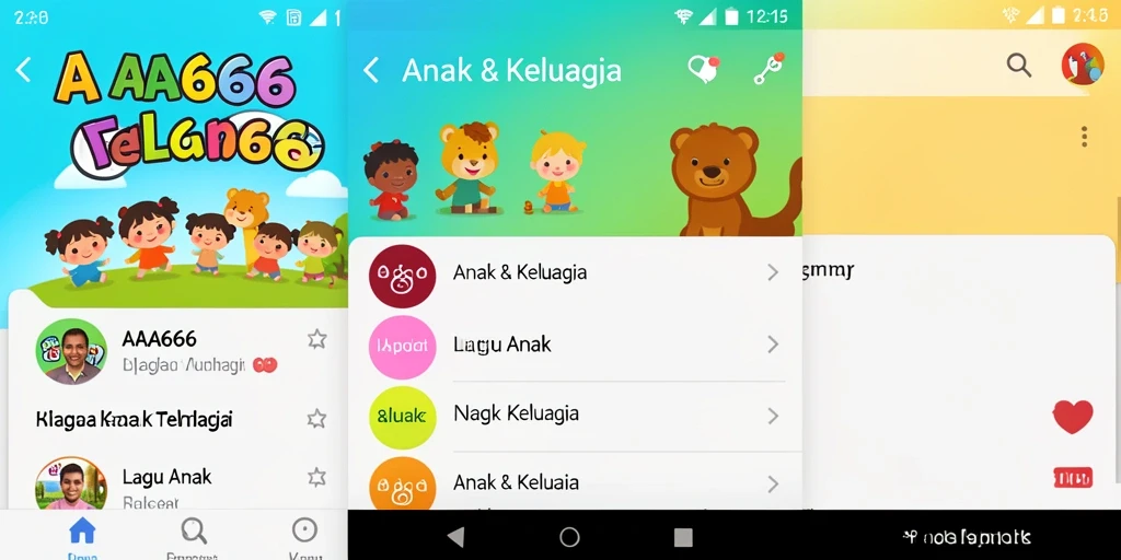 Antarmuka aplikasi AA666 dengan lagu-lagu anak yang ceria.